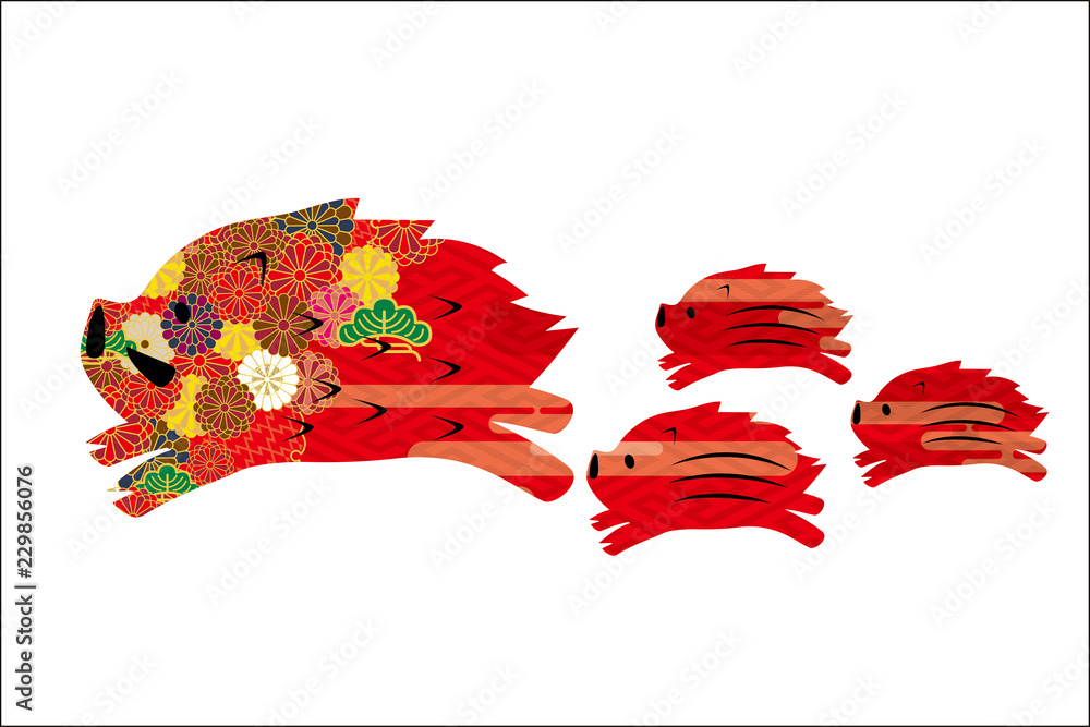 年賀状素材 和柄 着物柄 ゆるキャラ猪の家族のイラスト イノシシのイラスト Stock Vector Adobe Stock