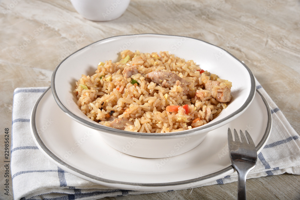 Bowl of fried rice with chicken Bowl of fried rice with chicken
