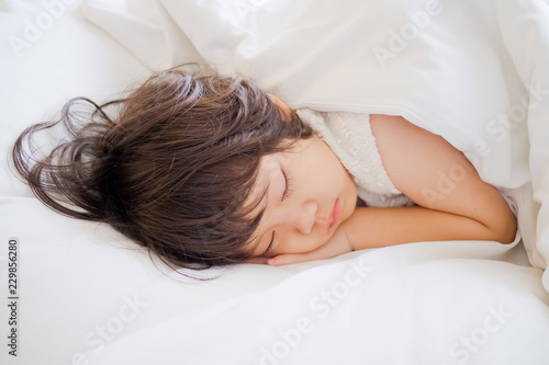 asian girl sleep on bed, kid sick, child sleep