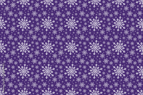 White Snowflake seamless pattern on a purple colored background. Various sized snowflakes are repeated through the design for a Christmas or Winter textured effect.