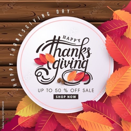 Thanksgiving day banner background. Celebration quotation for card.vector illustration.Autumn season Calligraphy of "Thanksgiving".