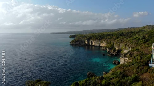 Aerial Forward video of Steep Cliff Shoreline with beautiful sea, coral, mangrove forest & sky landscape photo