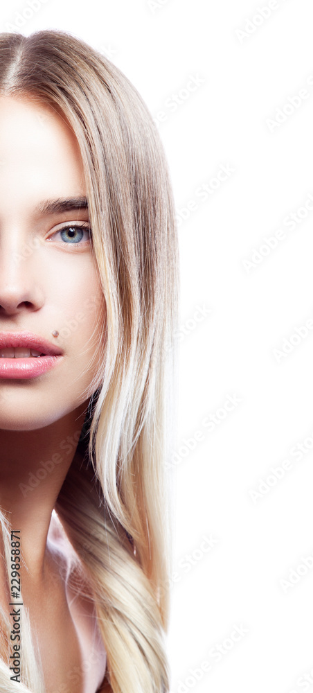 Part of beauty face of young beautiful model girl with nude make-up, clean  skin, beauty spot near mouth, blond hair style, on white background.  Skincare facial treatment concept Stock Photo | Adobe