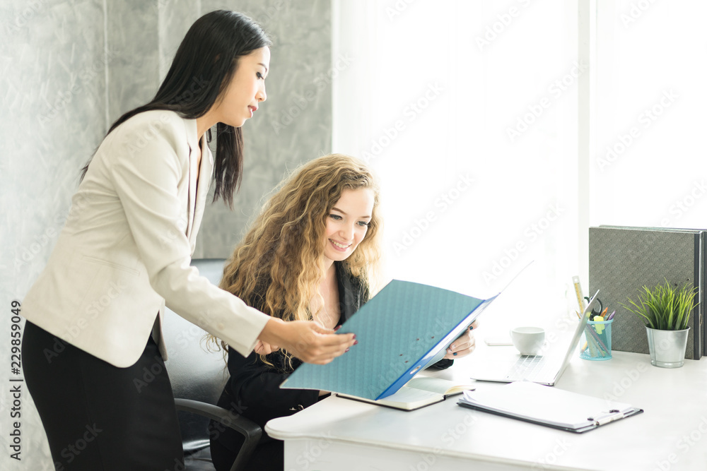two businesswoman using laptop are meeting about the data. two businesswoman using laptop are meeting about the data.