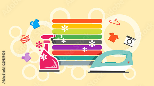 Ironing and laundry cleaning service concept. Pile stack of clean shirts clothes, foggy sprayer bottle, electric iron, tiny clothes and washing machine elements. flat style vector illustration.