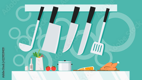 Kitchen utensils with knife set equipment hanging. cooking with shelve banner background concept. flat design vector illustration