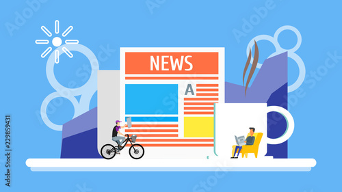 Business man reading newspaper with cup of coffee background. man rides on bicycle with news headline concept. Flay Tiny People Character. landing page design template Vector Illustration