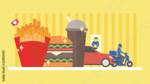 fast food concept. delivery and drive thru takeaway order. hamburger, burger, meal, french fries, soda illustration. Flat design background. Tiny People Character Vector Illustration