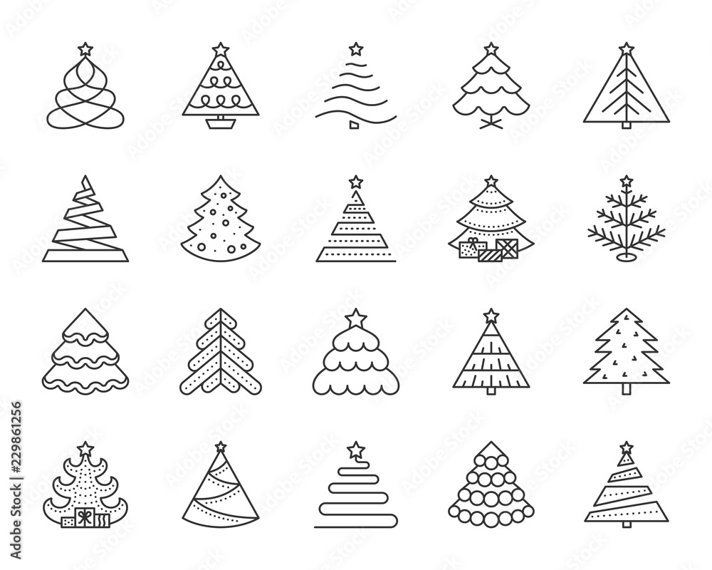 Christmas Tree simple black line icons vector set Stock Vector | Adobe ...