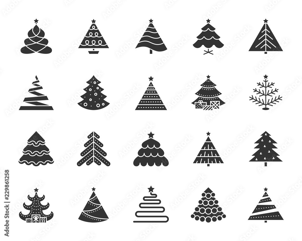Obraz premium Christmas Tree black silhouette icons vector set