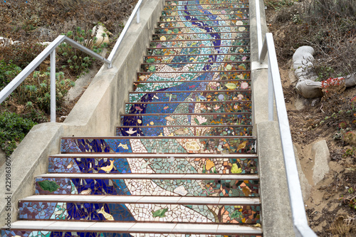 San Francisco, CA, USA - 09/14/2018: The 16th Avenue Tiled Step Folk Art Project in San Francisco. The 16th Avenue Tile Stairs Project is a community collaboration that creates a star-themed mosaic st