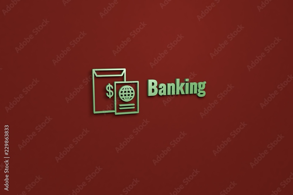Text Banking with green 3D illustration and brown background Text Banking with green 3D illustration and brown background