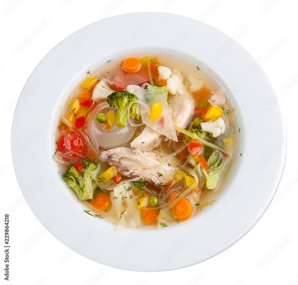 Vegetable soup with chicken. On a white background Vegetable soup with chicken. On a white background