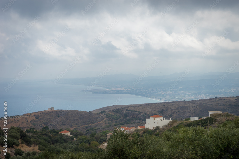 Hania, Crete - 09 25 2018: Polirinia. Point of view to the bay