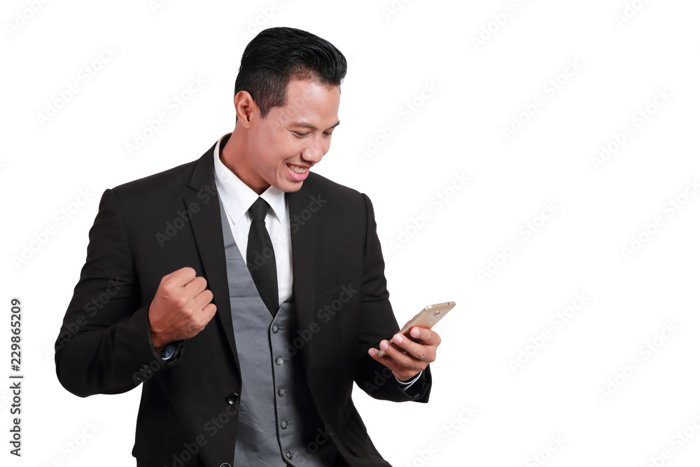 portrait of businessman holding cell phone with happy face on isolated and white background portrait of businessman holding cell phone with happy face on isolated and white background