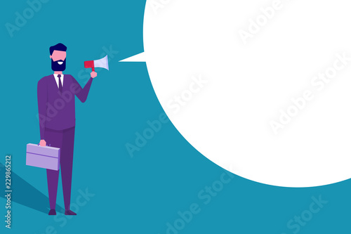Businessman hold loud speaker or megaphone. Vector flat design illustration.