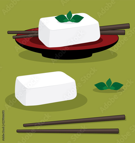egg tofu on red plate, bean curd japan style with chopsticks. japanese food.