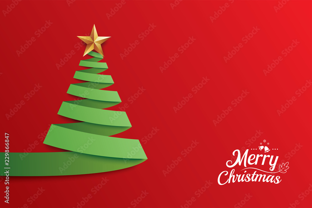 Christmas tree paper art greeting card design. Xmas abstract ribbon for party invitation background.