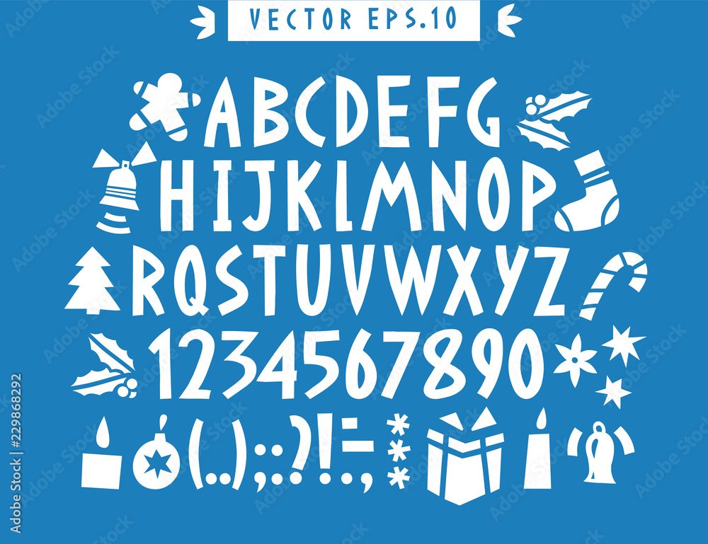Vector hand drawn funny alphabet. Hand drawn latin letters, numbers and christmas icons.
