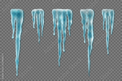 Set of realistic borders with snow icicles on transparent background. Elements for christmas design, vector illustration