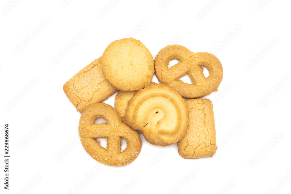 top view of butter cookies on white background