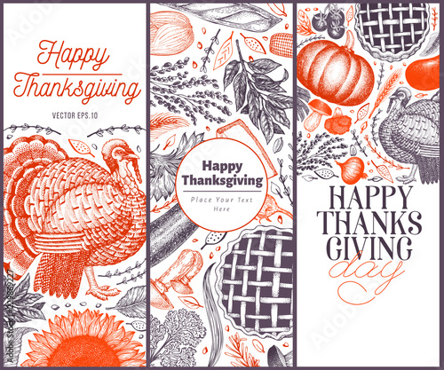 Happy Thanksgiving Day design template. Vector hand drawn illustrations. Greeting Thanksgiving card in vintage style. Frame with harvest, vegetables, pastry, bakery. Autumn background.