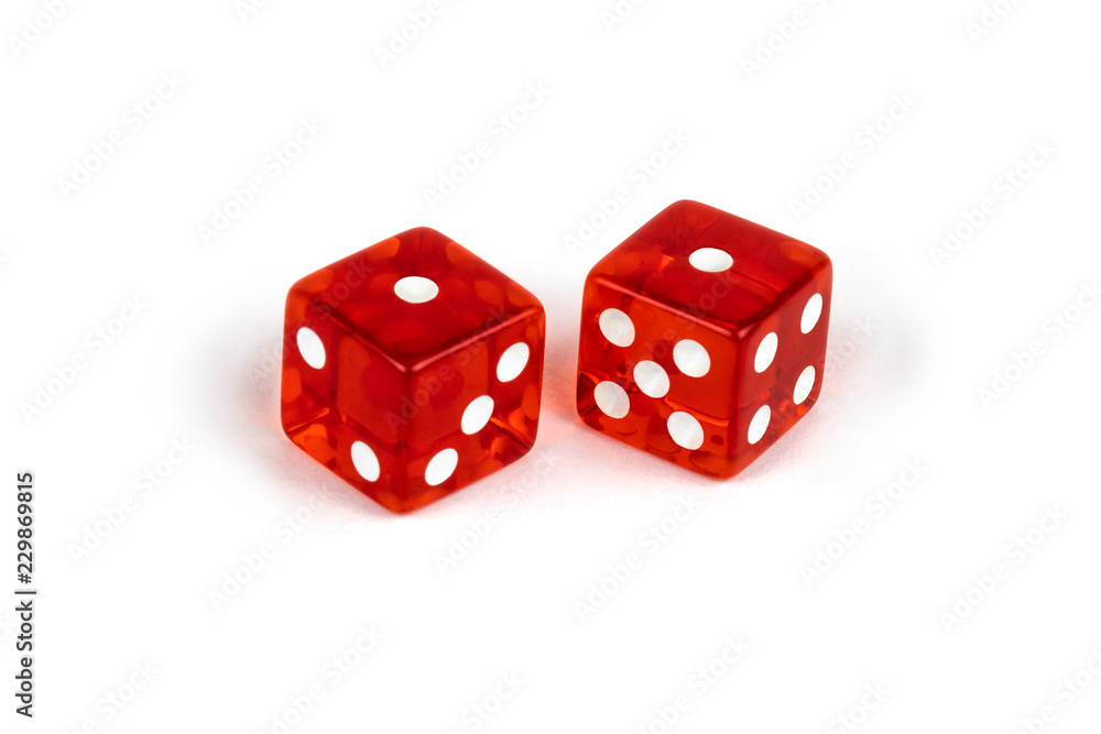 Two red glass dice isolated on white background. One and one Two red glass dice isolated on white background. One and one