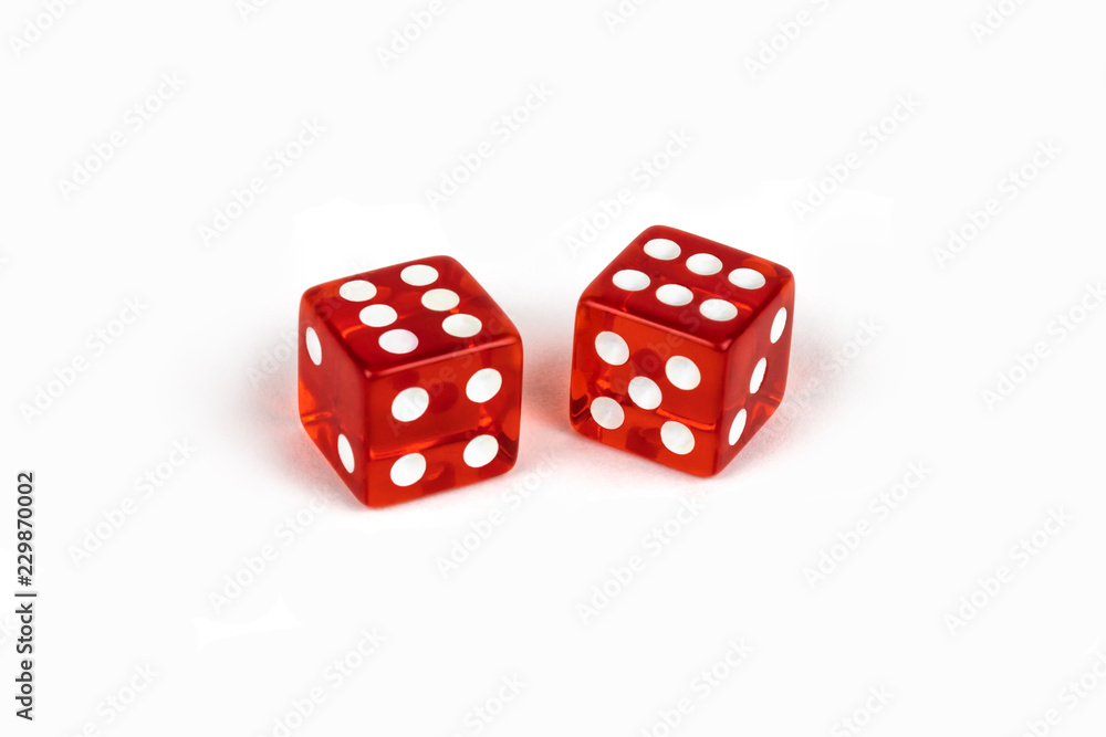 Two red glass dice isolated on white background. Six and six Two red glass dice isolated on white background. Six and six