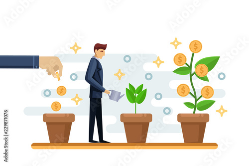Investment finance growth business concept. Businessman putting coin in pot and watering money tree. Vector illustration