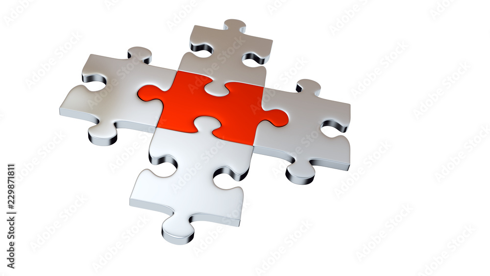 Four Grey Puzzle Pieces encircle One Red Piece Four Grey Puzzle Pieces encircle One Red Piece