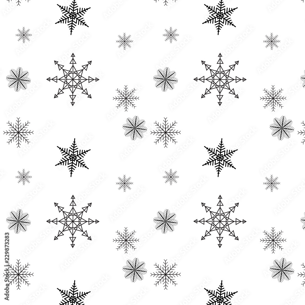 Snowflake simple seamless pattern. Black snow on white background. Abstract wallpaper, wrapping decoration. Symbol of winter, Merry Christmas holiday, Happy New Year celebration Vector illustration Snowflake simple seamless pattern. Black snow on white background. Abstract wallpaper, wrapping decoration. Symbol of winter, Merry Christmas holiday, Happy New Year celebration Vector illustration