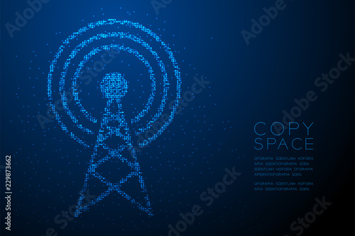 Abstract Geometric Bokeh circle dot pixel pattern Antenna tower shape, Broadcast telecommunication concept design blue color illustration isolated on blue gradient background with copy space, vector