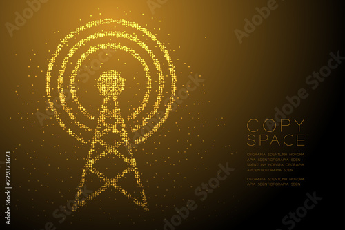 Abstract Geometric Bokeh circle dot pixel pattern Antenna tower shape, Broadcast telecommunication concept design gold color illustration isolated on brown gradient background with copy space, vector