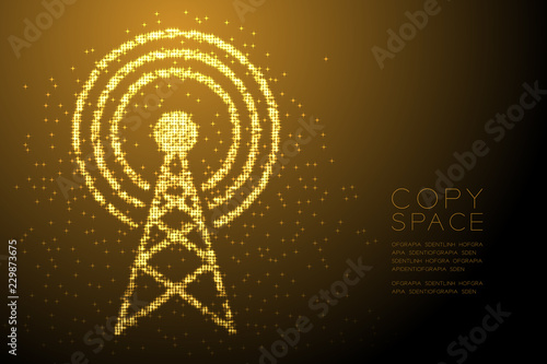 Abstract Shiny Bokeh star pattern Antenna tower shape, Broadcast telecommunication concept design gold color illustration isolated on brown gradient background with copy space, vector eps 10