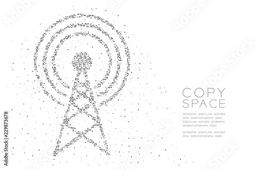 Abstract Geometric Circle dot pixel pattern Antenna tower shape, Broadcast telecommunication concept design black color illustration on white background with copy space, vector eps 10