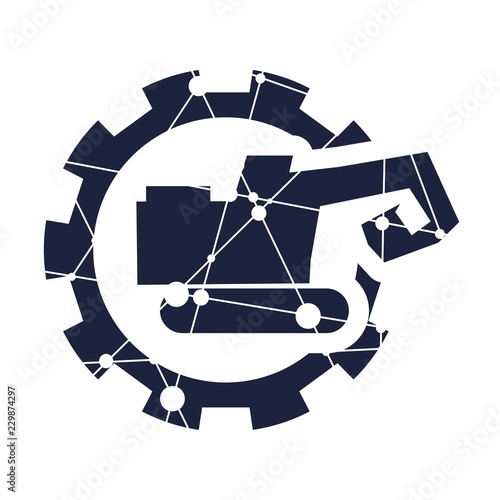 Flat big excavator in gear. Emblem for construction or mining equipment company. Lines connected with dots texture