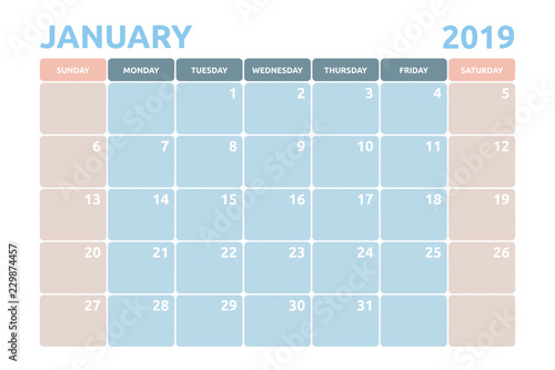 Minimal Calendar design for January of 2019 with copy space for desk planner and organiser the appointment.