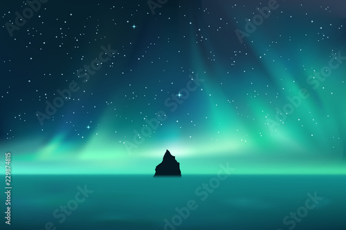Obraz na plátně Dark rock against northern lights landscape with stars, starry sky with polar li