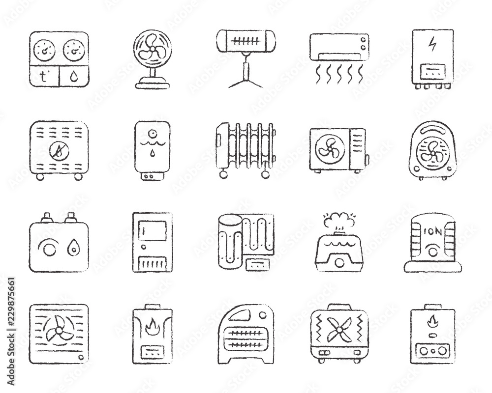 Hvac charcoal draw line icons vector set