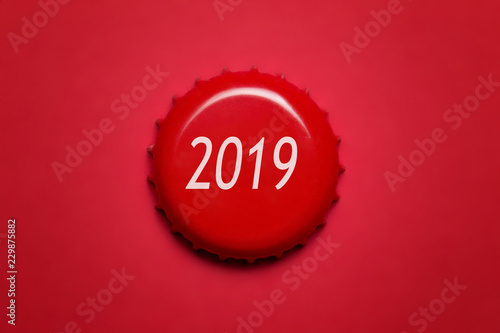New Year 2019. The inscription on the red cover close-up