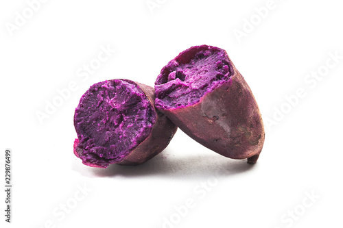 Baked purple sweet potato on white bottom,