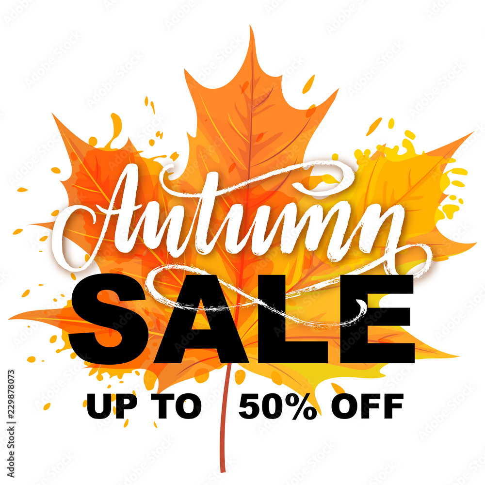 Autumn Sale lettering on a bright autumn leaf background. Vector illustration.