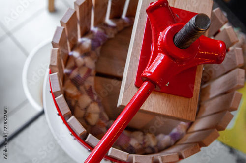 Tableau sur toile Pressing apple juice with a small apple press, before making cider with it - Clo