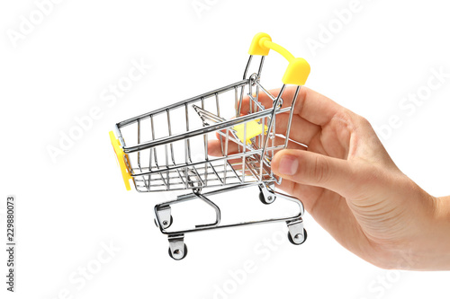 Female hand with small shopping cart on white background