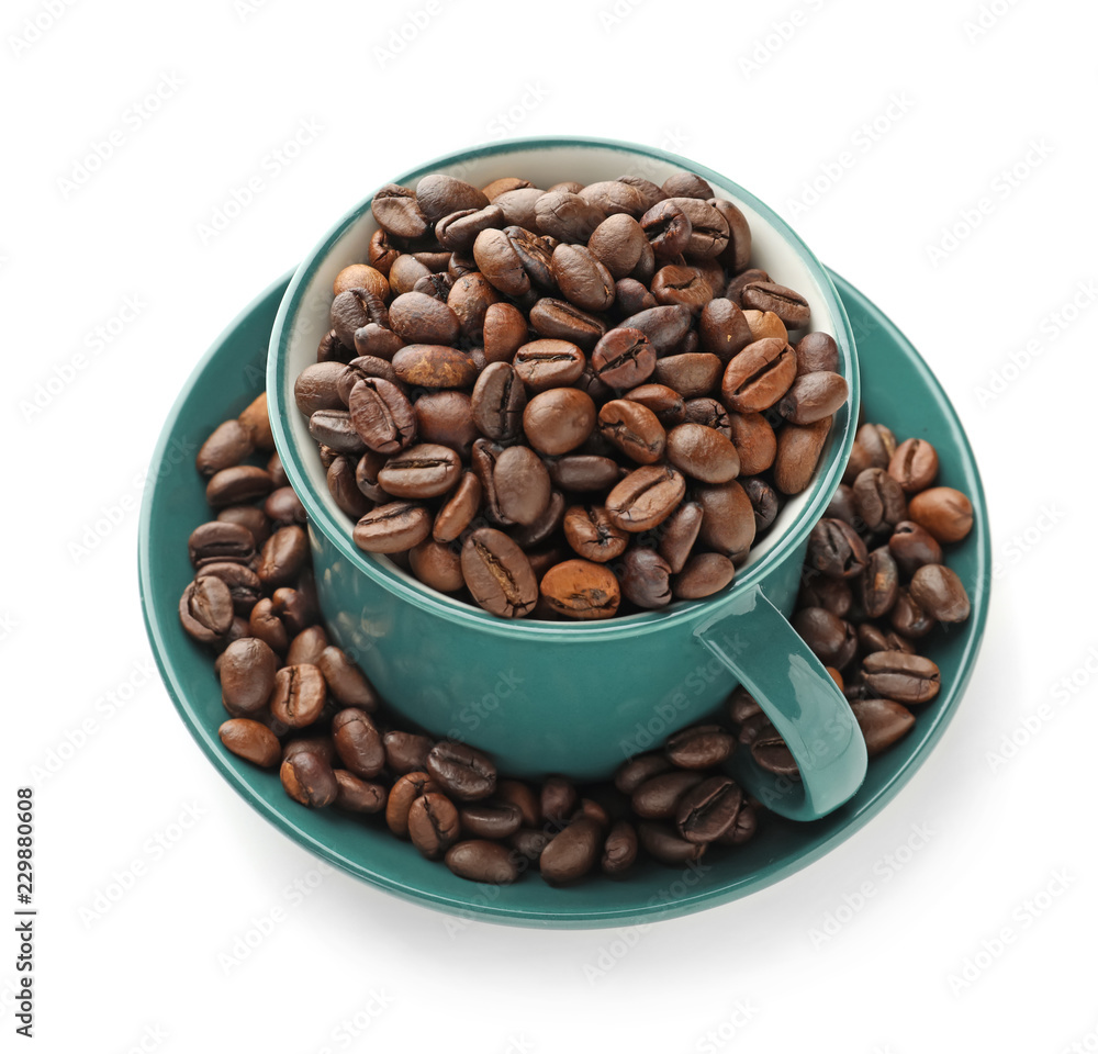 Cup with coffee beans on white background Cup with coffee beans on white background
