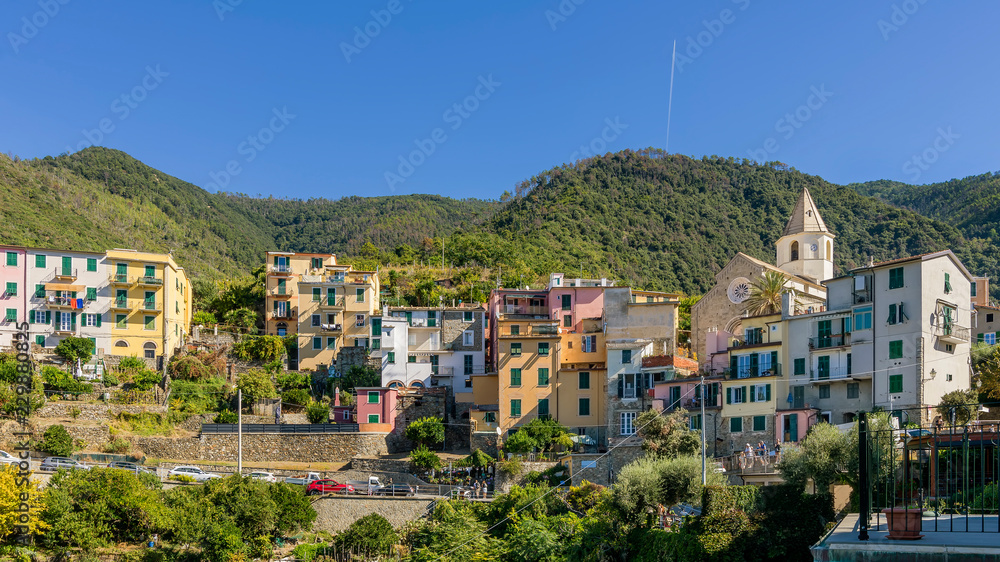 The historic center of the hill town of Corniglia, Cinque Terre, Liguria, Italy