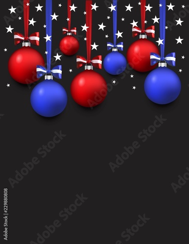 Happy new year background with american flag colors. Blue and red balls and white stars. American patriotic background