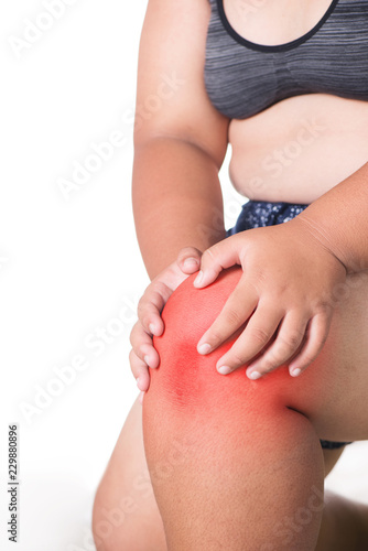 Fat overweight girl knee pain isolated on white background