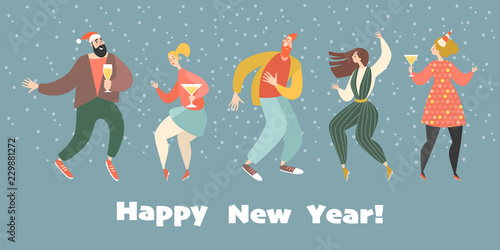 New year greeting card with dancing girls and boys