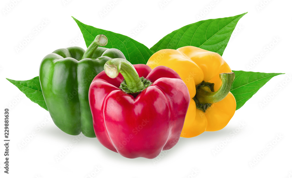 Yellow Red and Green pepper with leaf isolated on white background Yellow Red and Green pepper with leaf isolated on white background